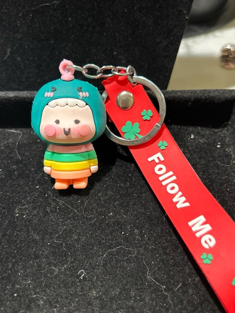 Cute Rainbow Striped Kids Keychain Toy - Teal Hooded Figure